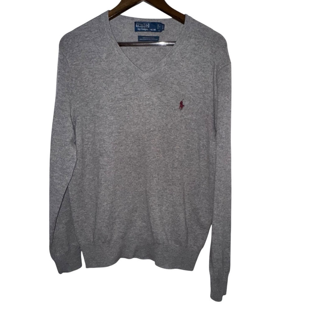 Polo Ralph Lauren 100% Merino Wool Gray V-Neck Sweater Medium Classic Preppy - Picture 2 of 5